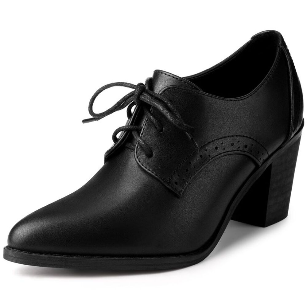 Pointy Toe Lace Up Block Heels Black Ankle Booties